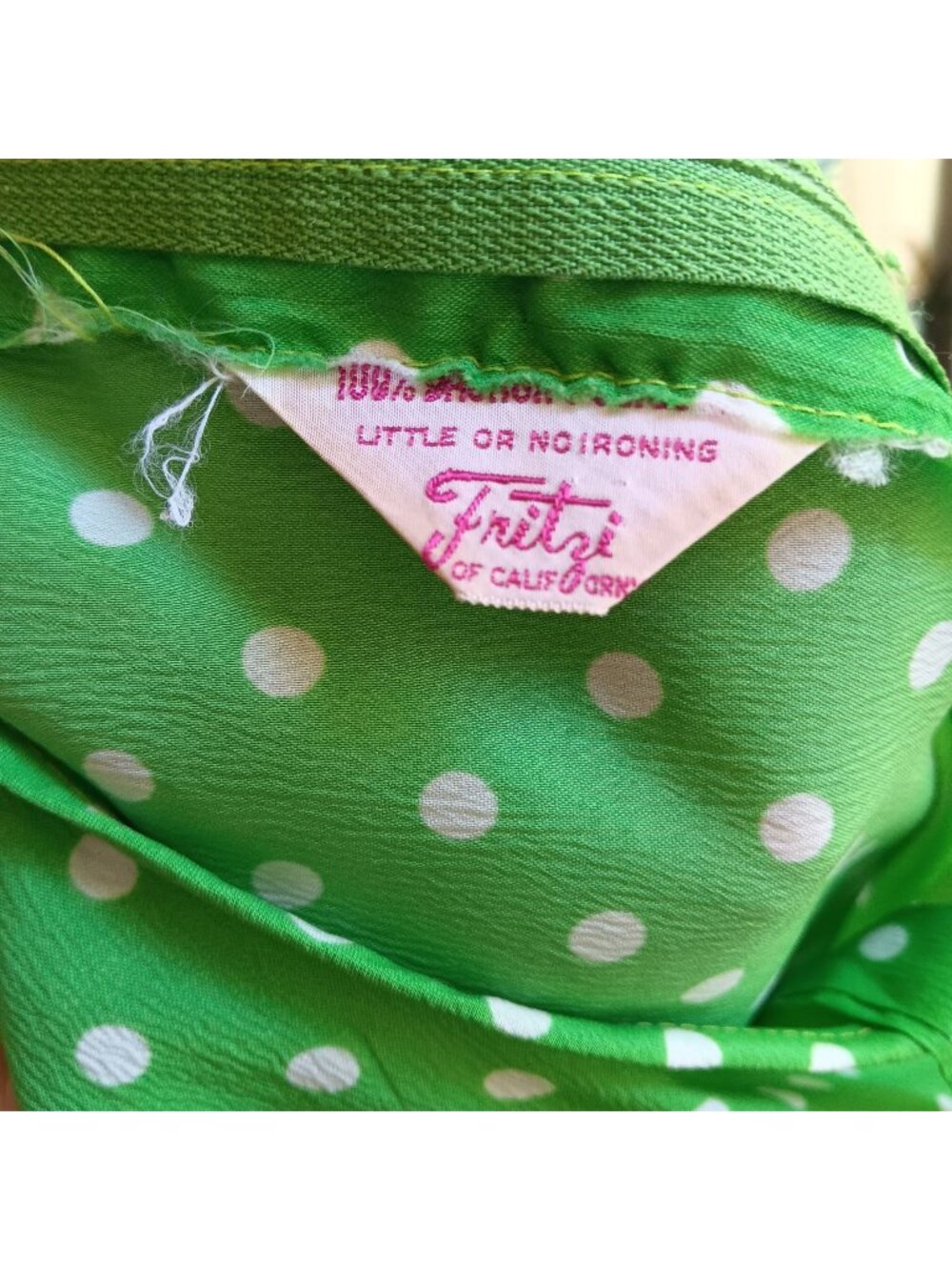 True Vintage Fritzi Dress sz 10 Green Polka Dot Sleeveless Waist Tie Back Zipper
